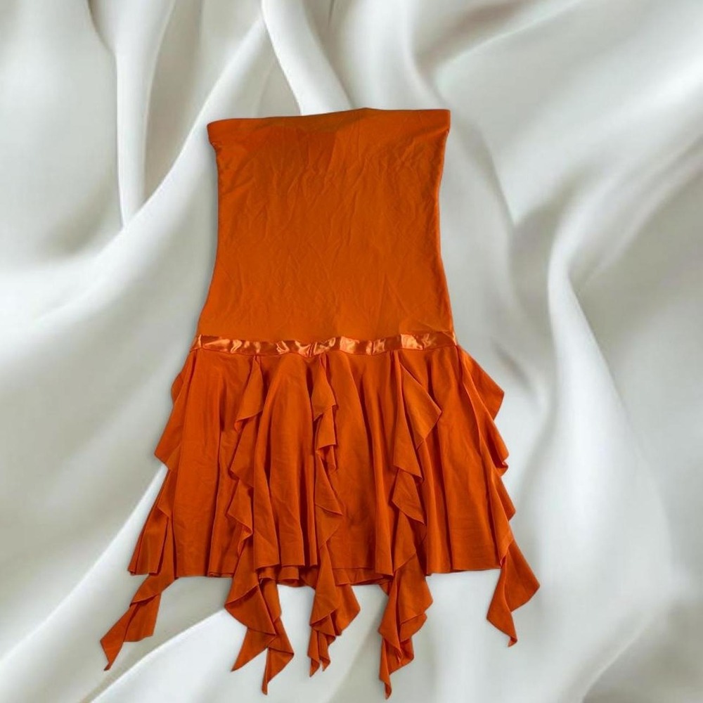 Bliss orange flowy asymmetrical tube top strapless dress Y2K vintage fairy boho‎